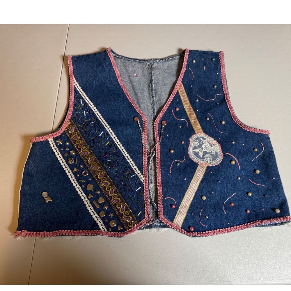 Vintage Hand Embellished Denim Vest Blue Beaded Studded Lace Tassel Germany S/M